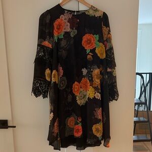 Floral Black Dress with Lace Sleeves
